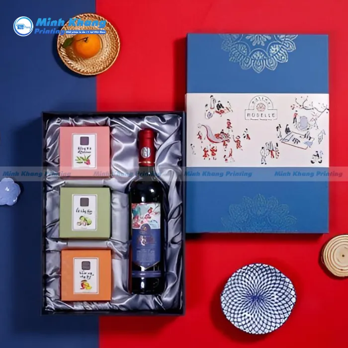 Mẫu hộp giấy 4 ngăn đựng bánh & rượu 