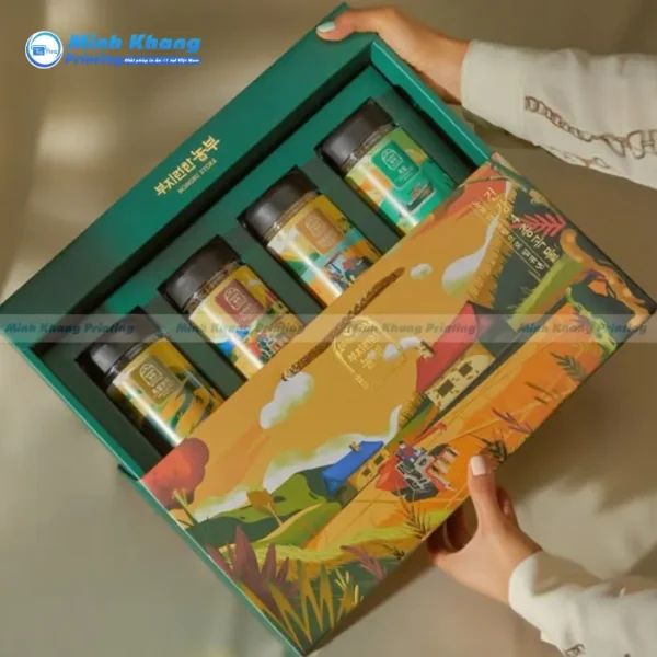 Mẫu hộp giấy 4 ngăn đựng hủ đựng thực phẩm khô như trà & cà phê