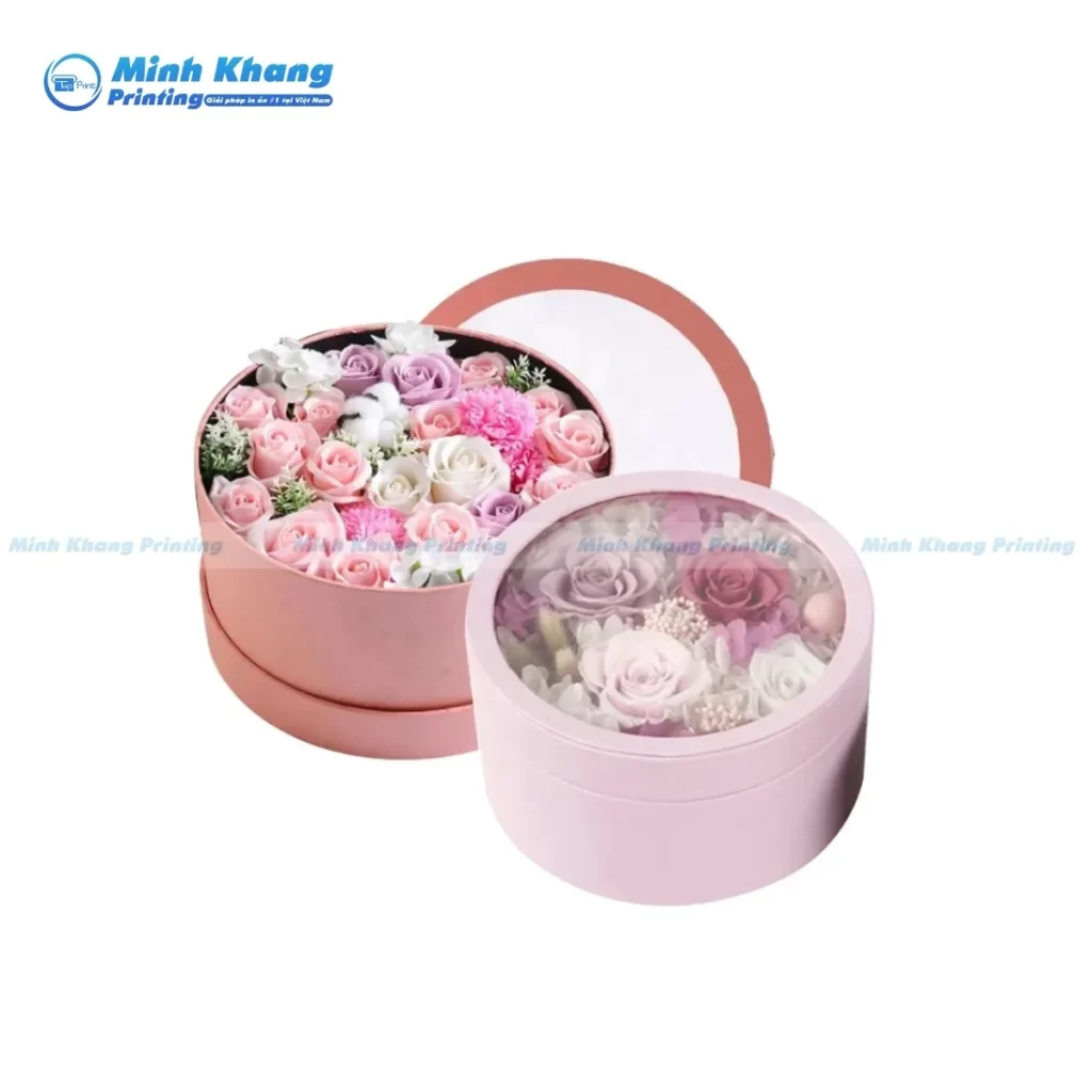 Mẫu hộp giấy tròn đựng quà, hoa có cửa sổ