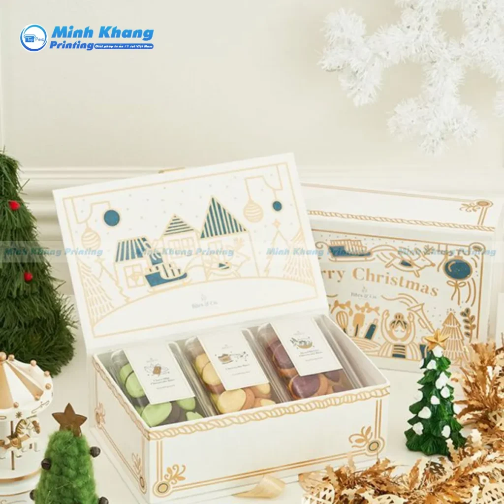 Mẫu Hộp giấy Noel trắng tinh khôi, đựng bánh, quà sang trọng