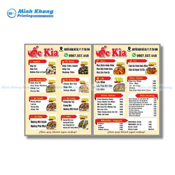 Mẫu Menu Quán Ốc Kìa In 2 Mặt