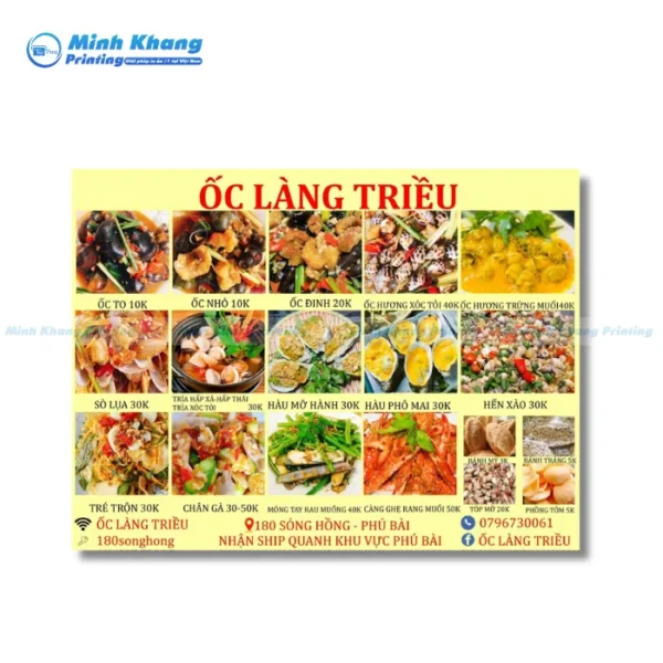 Mẫu menu quán ốc bình dân Ốc Làng Triều