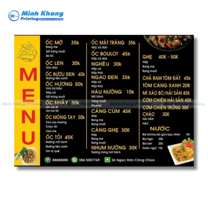 Quy Cách In Menu Quán Ốc Đẹp, Bền & Chuyên Nghiệp