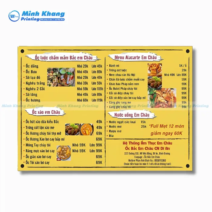 Mẫu Menu Ngang Ốc Bắc Em Châu 