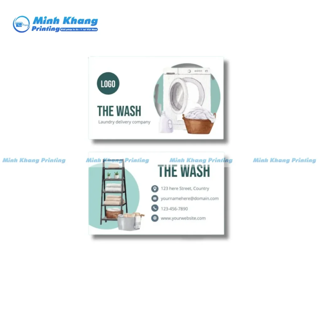 Mẫu card visit giặt là sử dụng hình ảnh máy giặt cách điệu, tạo điểm nhấn thị giác thú vị