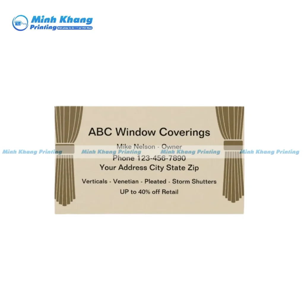 Mẫu card visit rèm cửa năng động với tông xanh lá và hình ảnh rèm lá dọc