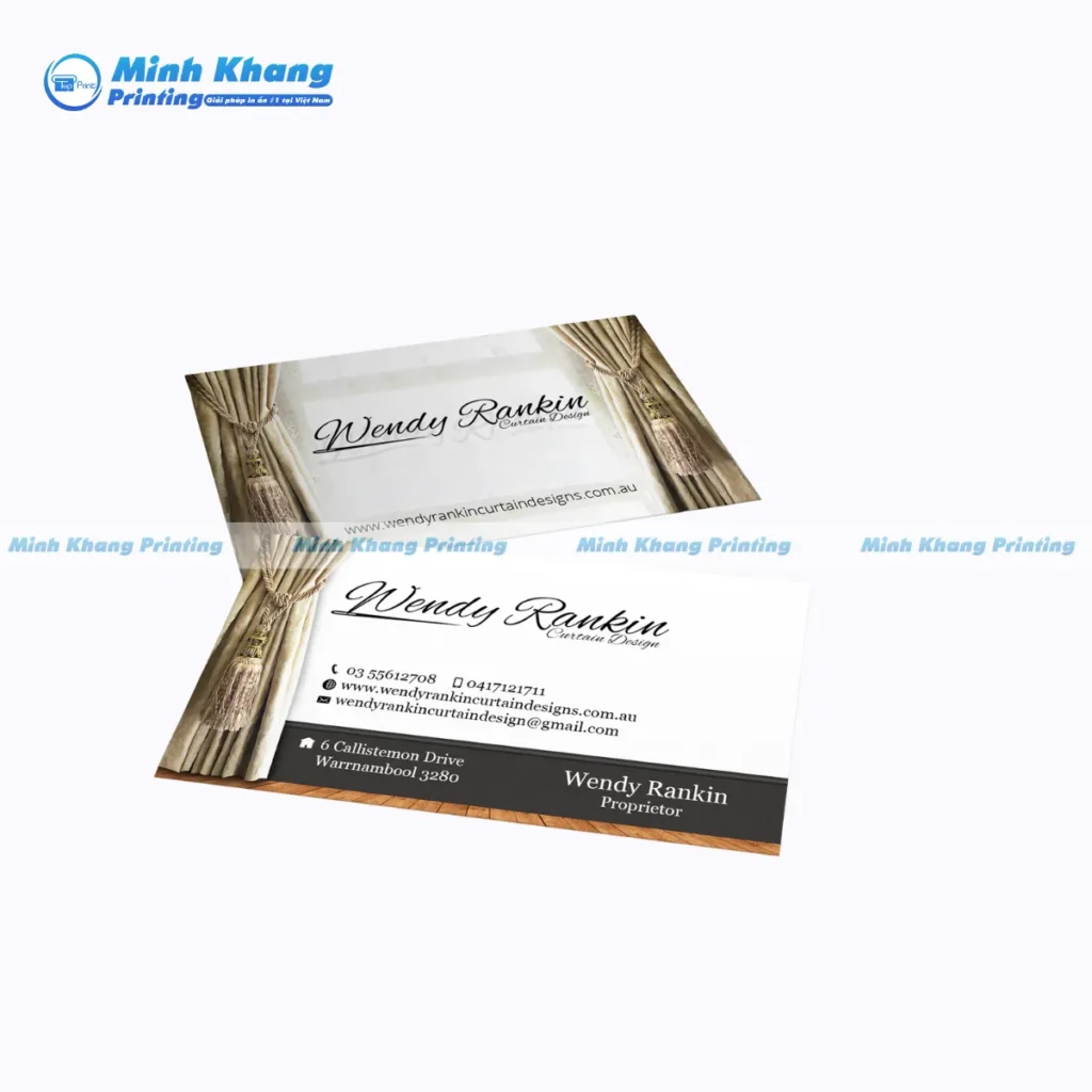 Mẫu card visit rèm cửa phong thủy sử dụng tông xanh dương, mang ý nghĩa tin cậy