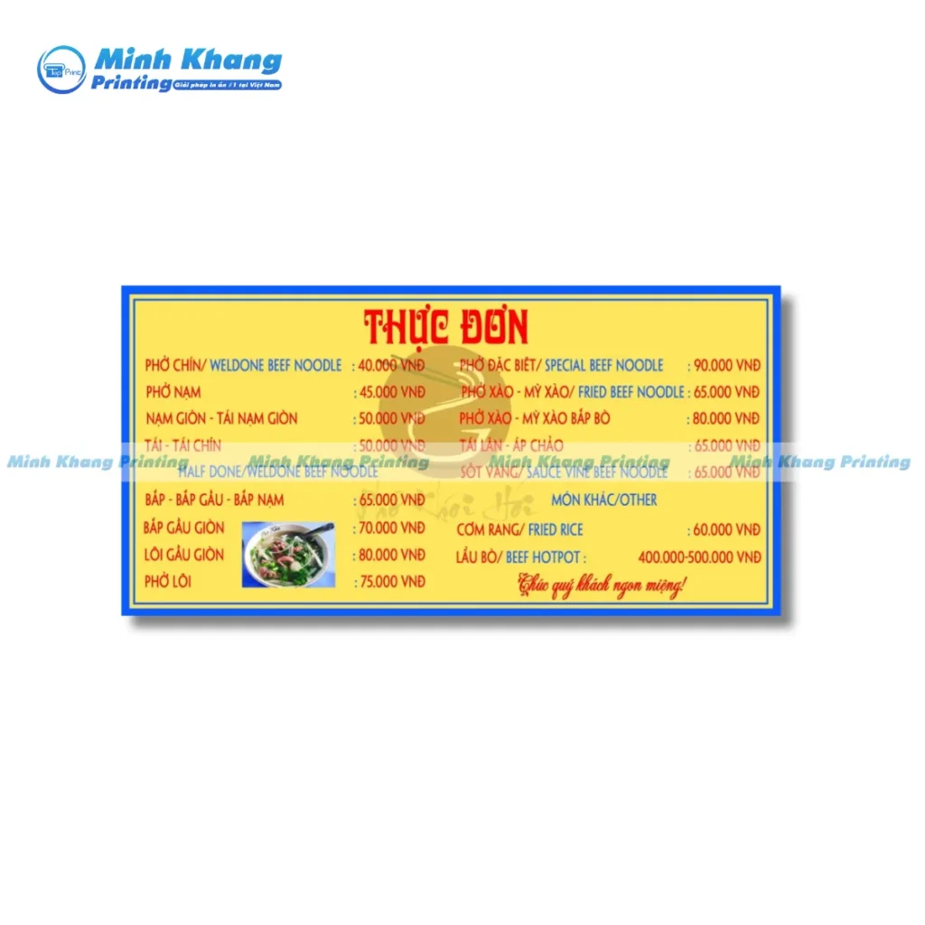 Mẫu menu quán phở bò truyền thống thiết kế đơn giản