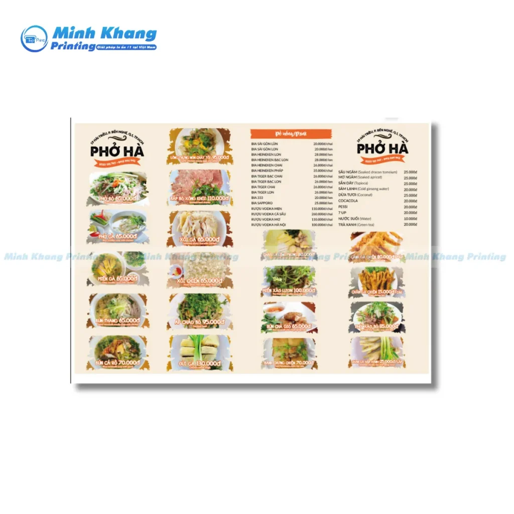 Mẫu menu phở bò sang trọng, phù hợp cho các quán phở phục vụ chuyên nghiệp