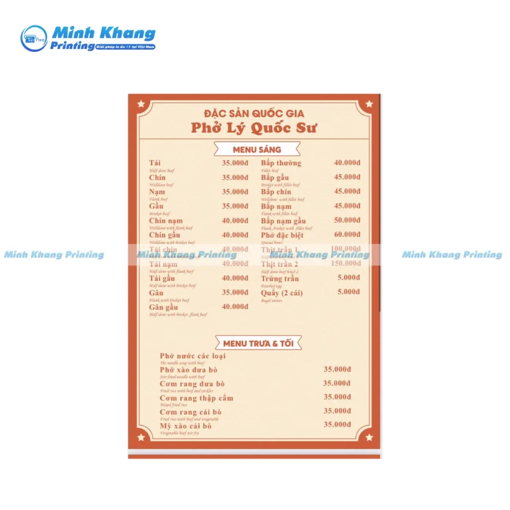 Mãu menu quán phở Lý Quốc Sư chuyên nghiệp & ấn tượng