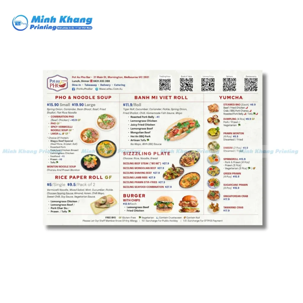 Mẫu menu quán phở ở nước ngoài có hình ảnh minh họa