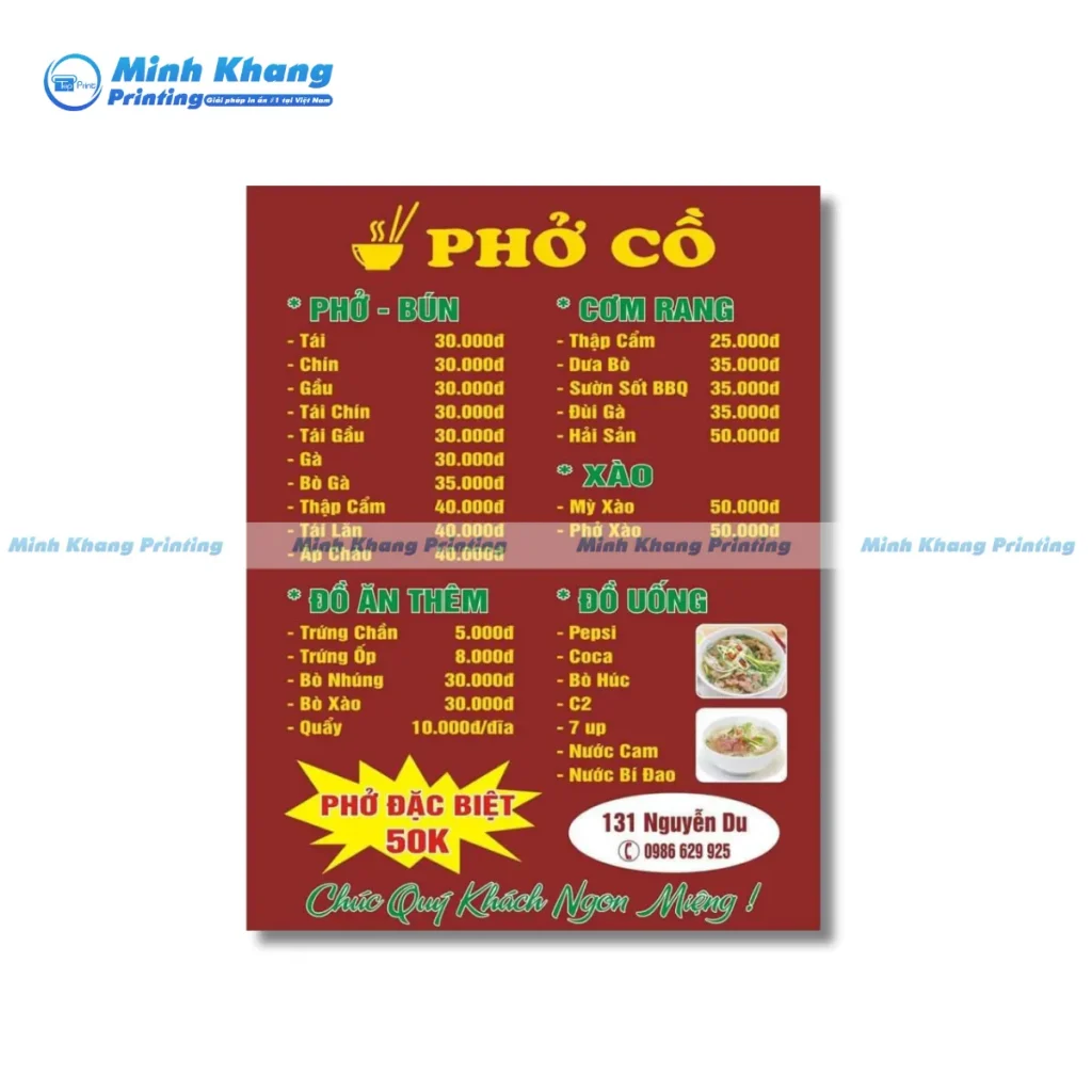 Mẫu menu phở bò in chất liệu formex chống nước tiện dụng
