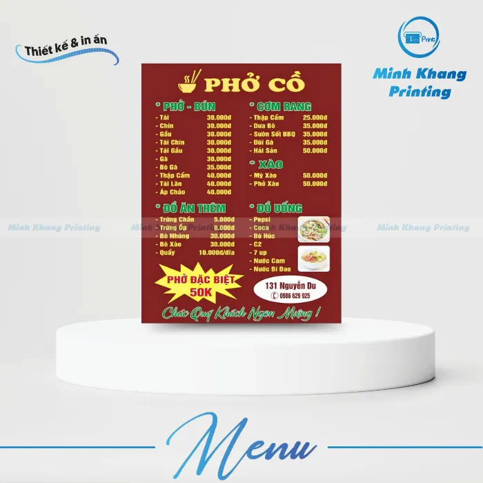 menu quán phở