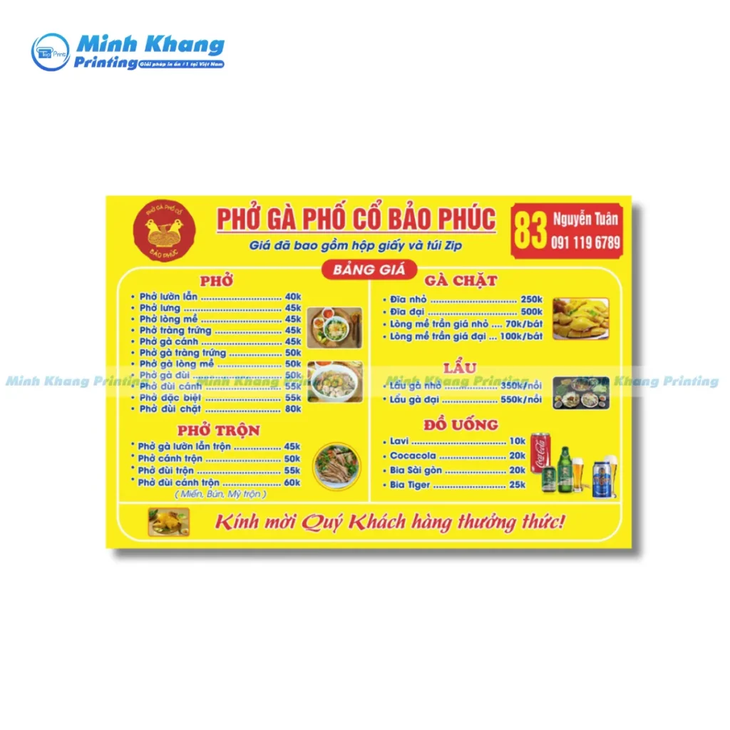 Mẫu menu Phở ngon Hà Nội đẹp bắt mắt