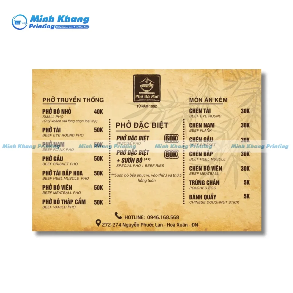 Menu quán phở