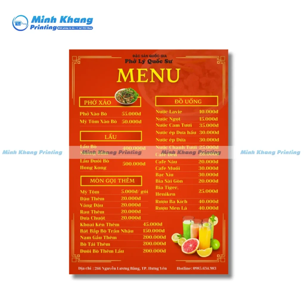 Mẫu menu phở bò tone màu đỏ – nâu gợi cảm giác ấm cúng và truyền thống