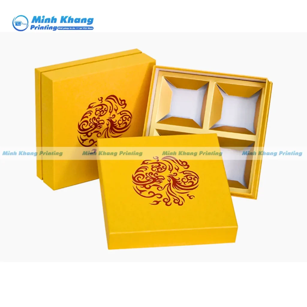 Mẫu hộp giấy vuông màu vàng đựng bánh trung thu đơn giản