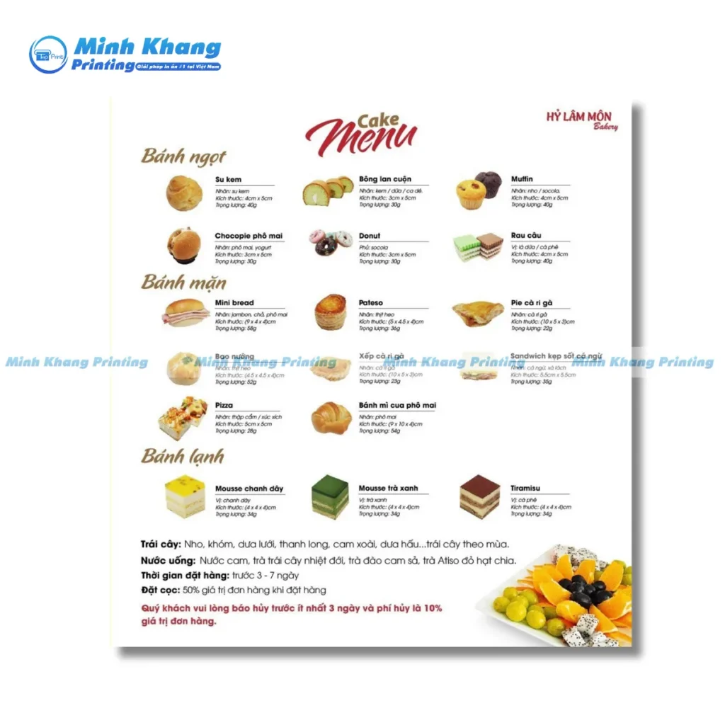Mẫu menu bánh ngọt kết hợp hình ảnh thực tế, giúp khách hàng dễ hình dung sản phẩm.