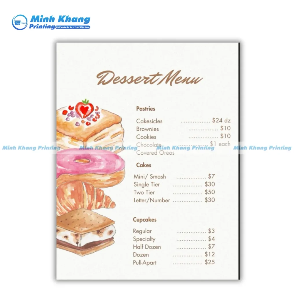 menu tiệm bánh