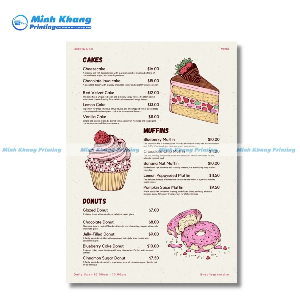 menu tiệm bánh
