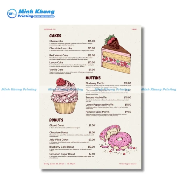 menu tiệm bánh
