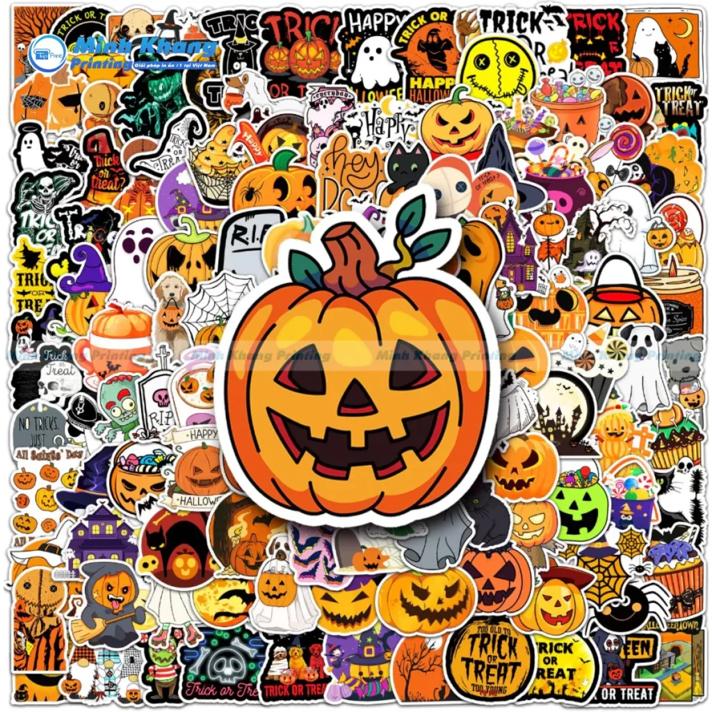 Mẫu Sticker hình bí ngô Jack-o'-lantern in decal chống nước