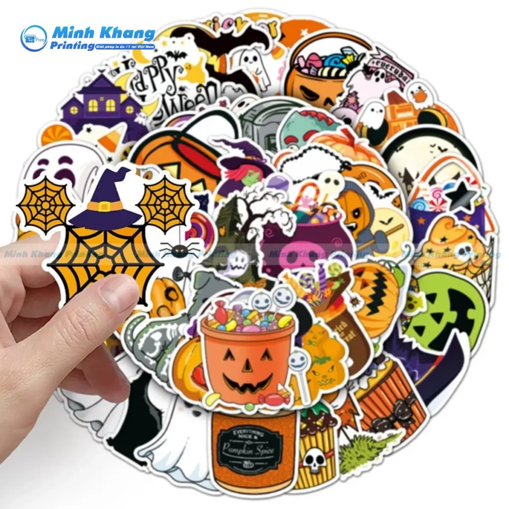 Mẫu Sticker hình mạng nhện, nhện in decal nhựa cán màng bóng