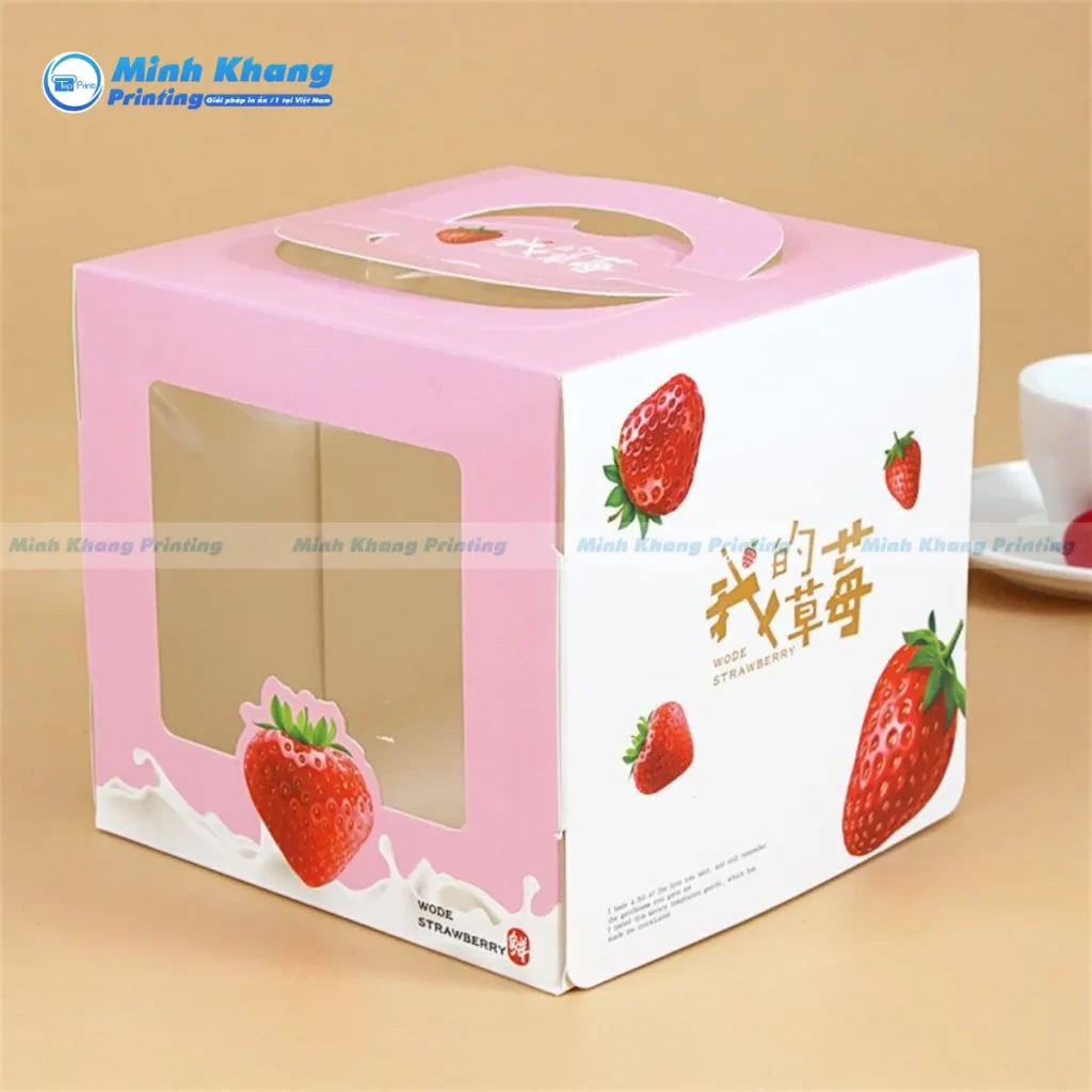 Mẫu hộp bánh kem có tay cầm tiện lợi cách điệu trái dâu xinh xắn