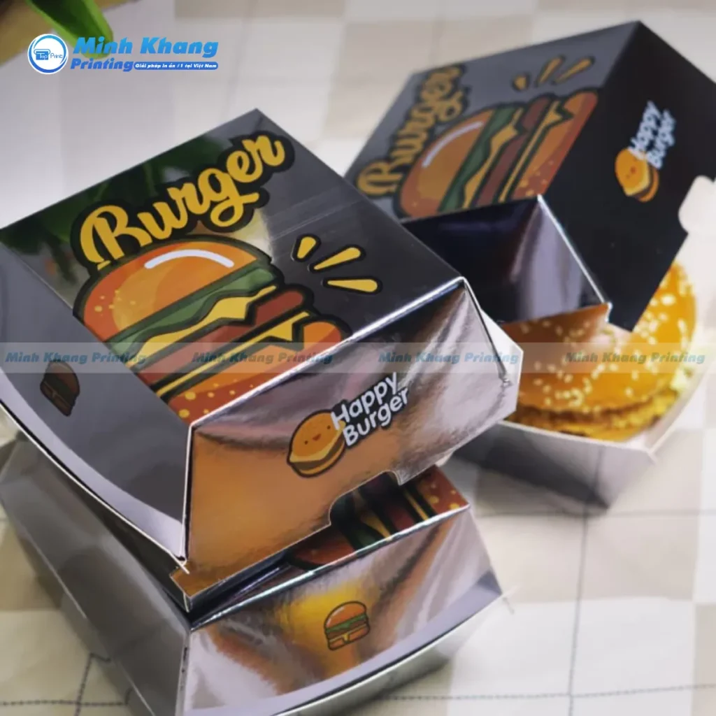 Mẫu hộp giấy hamburger cho nhà hàng fast food hiện đại in metalize
