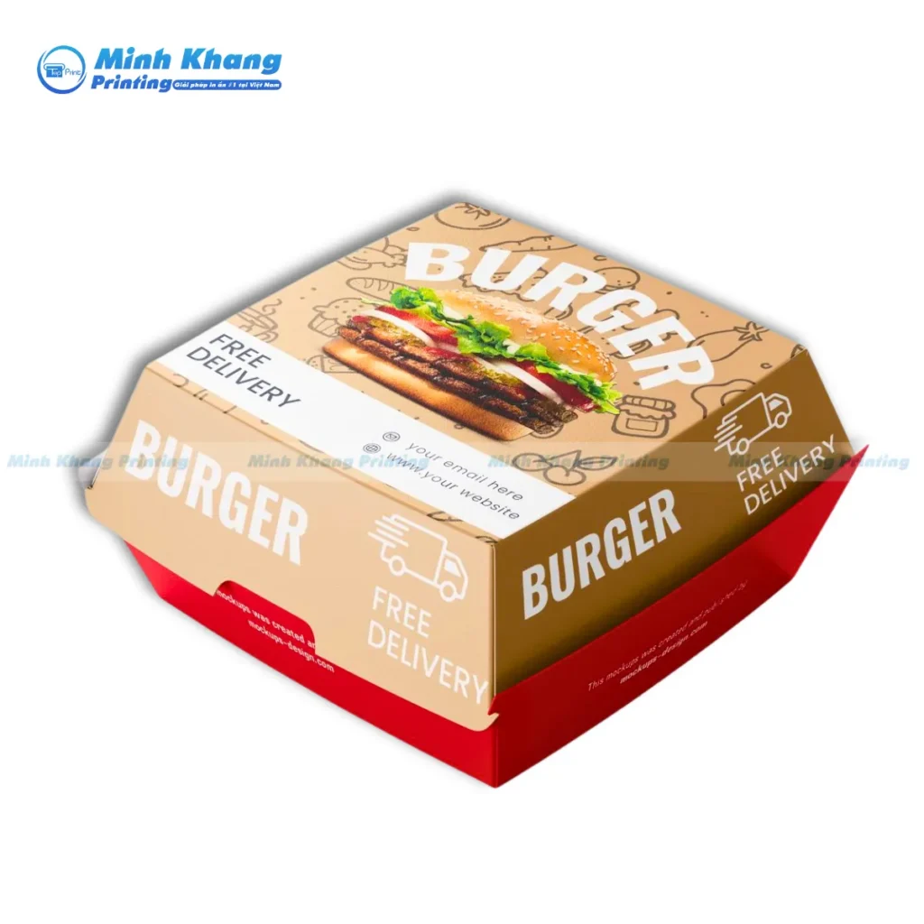 Mẫu hộp giấy fastfood hamburger kích thước cao 7cm, rộng 9.5cm, miệng hộp là 11cm