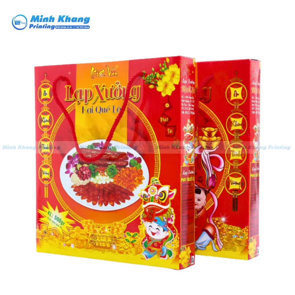 Mẫu hộp giấy lạp xưởng quà tặng Kim Vân khối lượng 500gr cho ngày tết