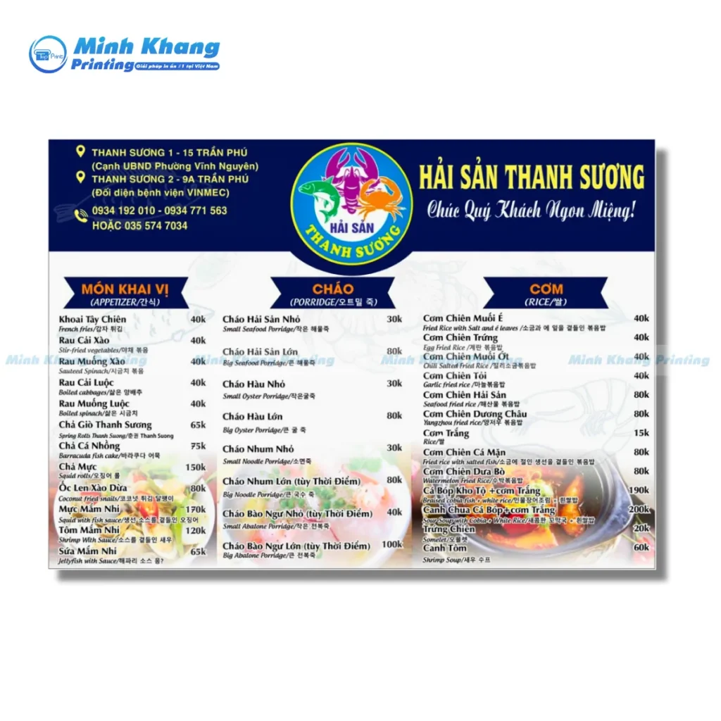 Mẫu menu quán hải sản Thanh Hương sử dụng tiếng Hàn & Việt