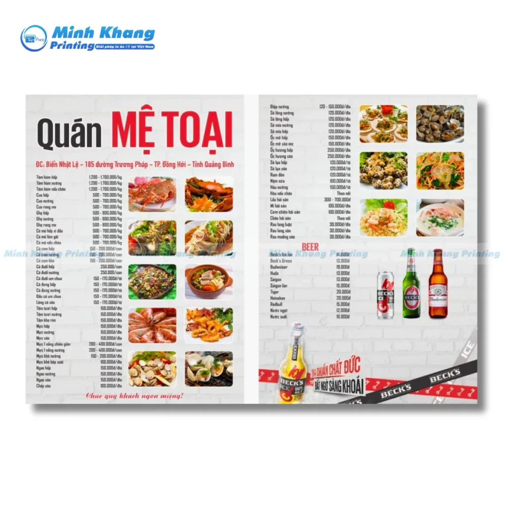 Mẫu menu nhà hàng hải sản đẹp Mệ Toại