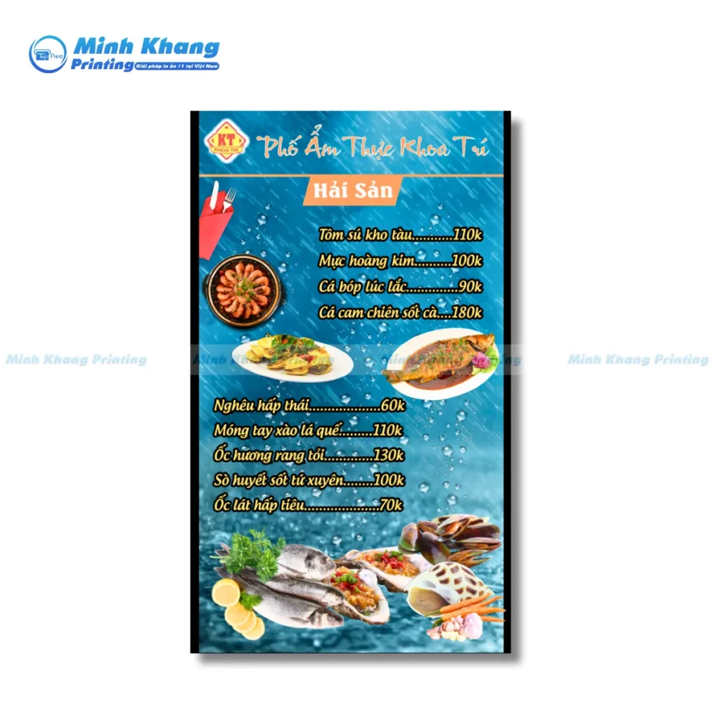 Mẫu menu quán hải sản tươi sống, giúp tăng độ uy tín, chuyên nghiệp