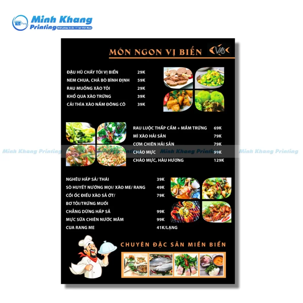 Mẫu thực đơn hải sản tôm, cua, nghêu, sò