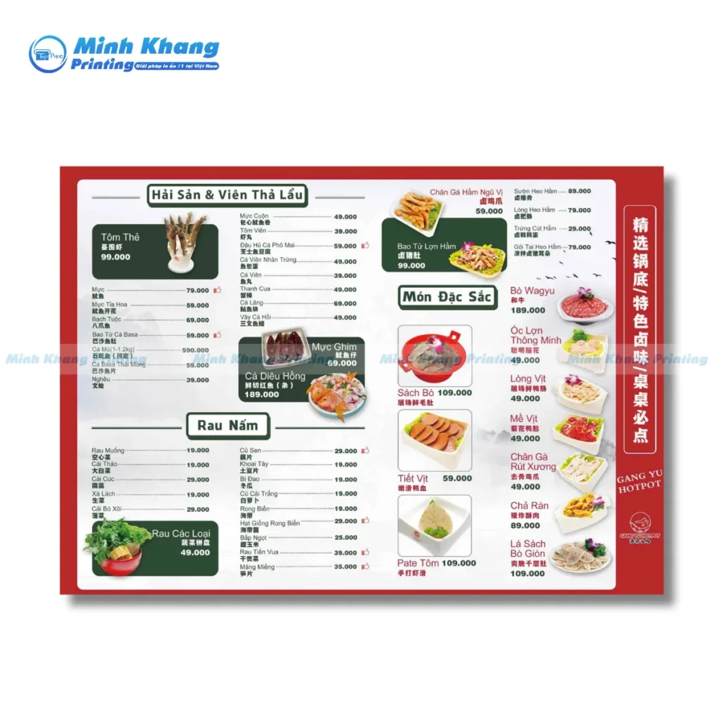Mẫu menu quán lẩu người hoa Gang Yu HotPot