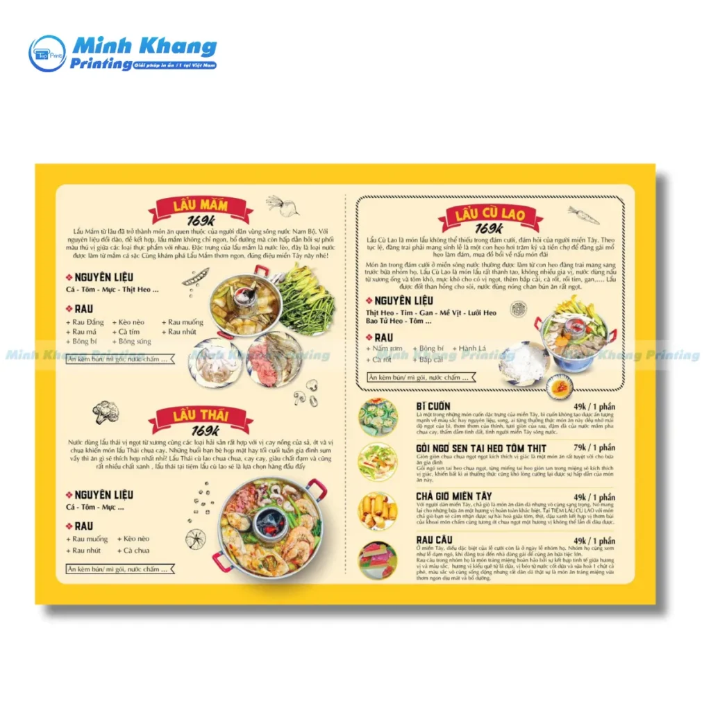 Mẫu thực đơn các món lẩu thái, lẩu mắm, lẩu cù lao
