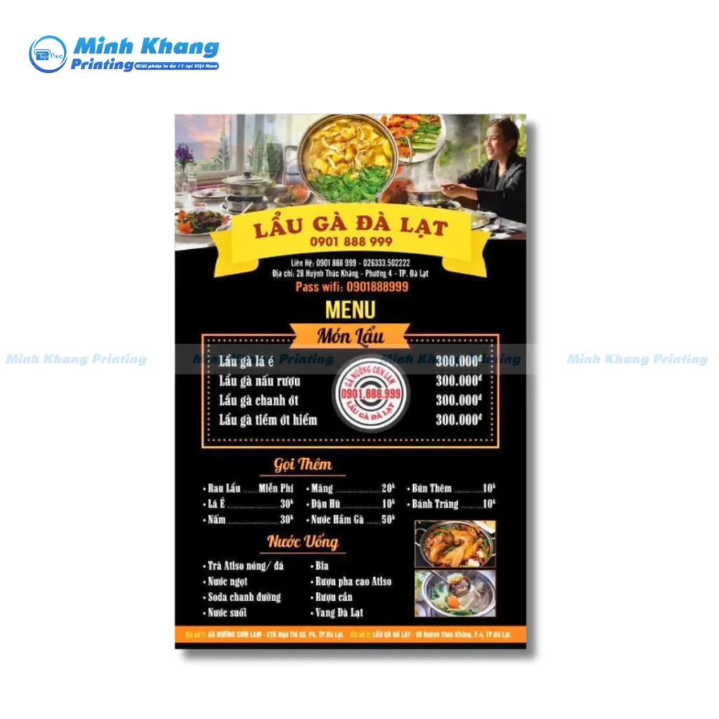 Mẫu menu quán lẩu gà Đà Lạt chất liệu in formex