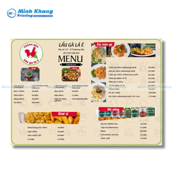 Mẫu menu quán lẩu gà lá é Thắng Béo