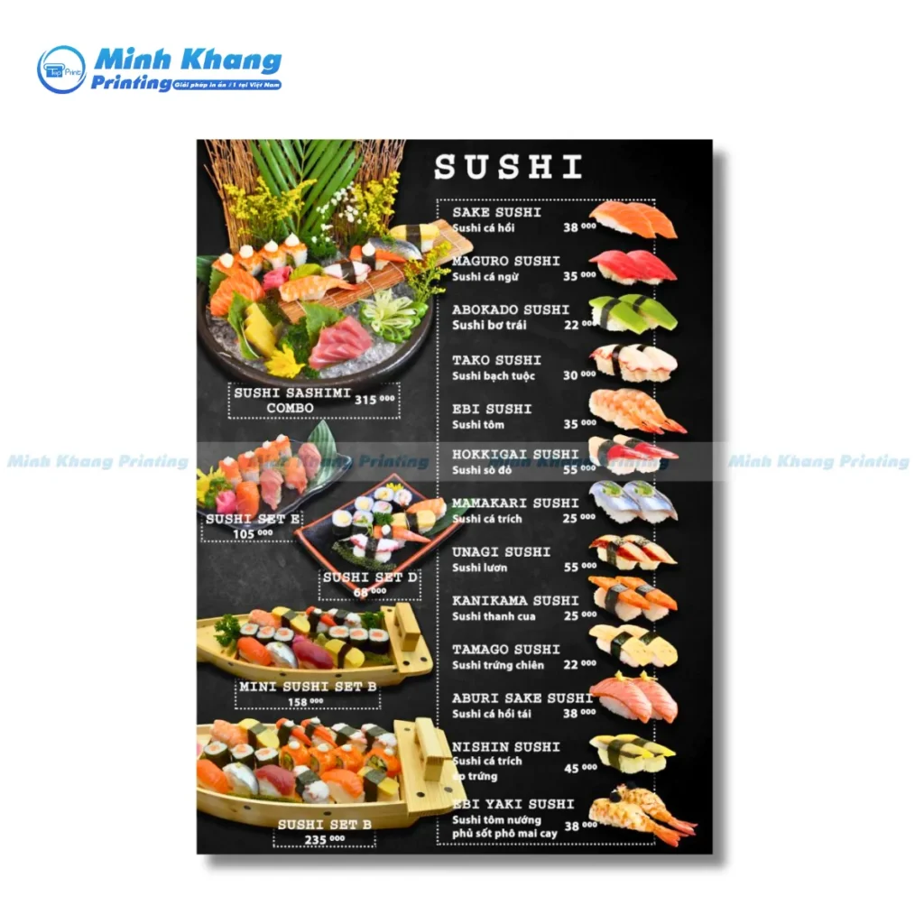 Mẫu menu quán nhật sashimi tươi sống đa dạng món