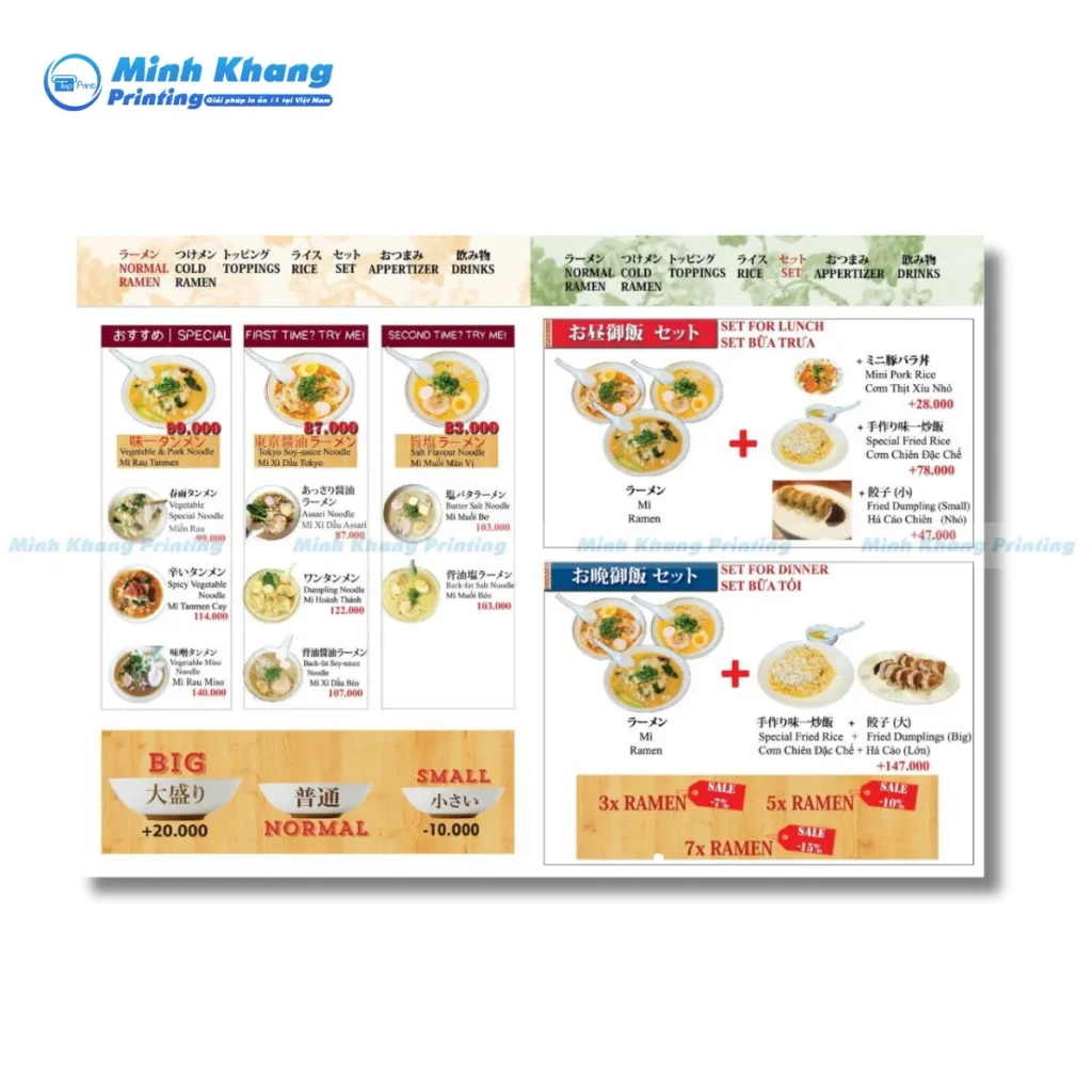 Mẫu menu quán nhật đơn giản có in giá & hình minh họa