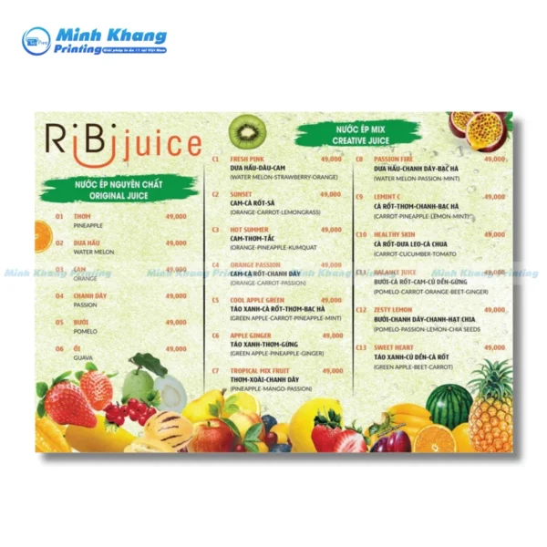 Mẫu menu bảng giá nước ép RiBi Juice