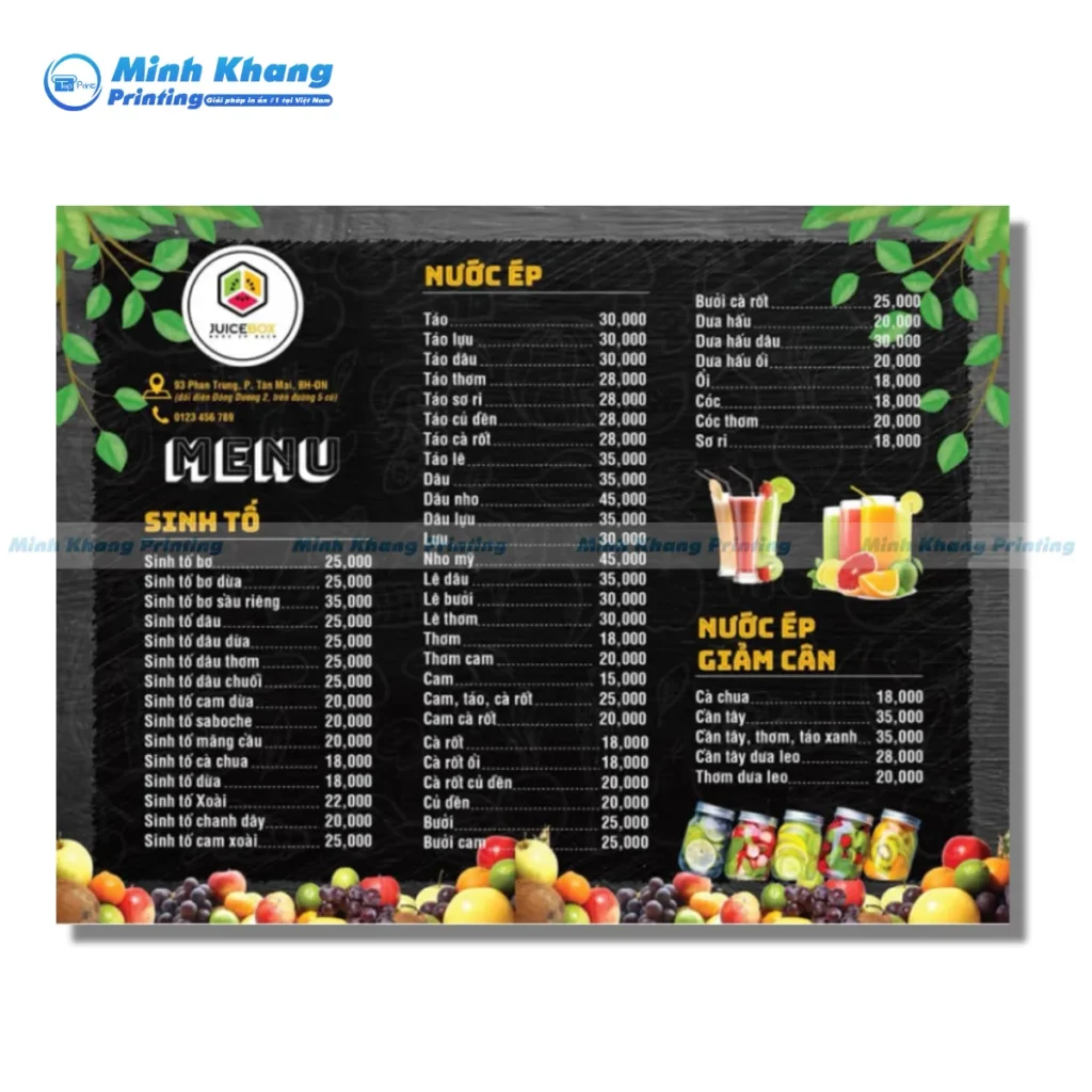 Mẫu menu quán nước ép & sinh tố giảm cân