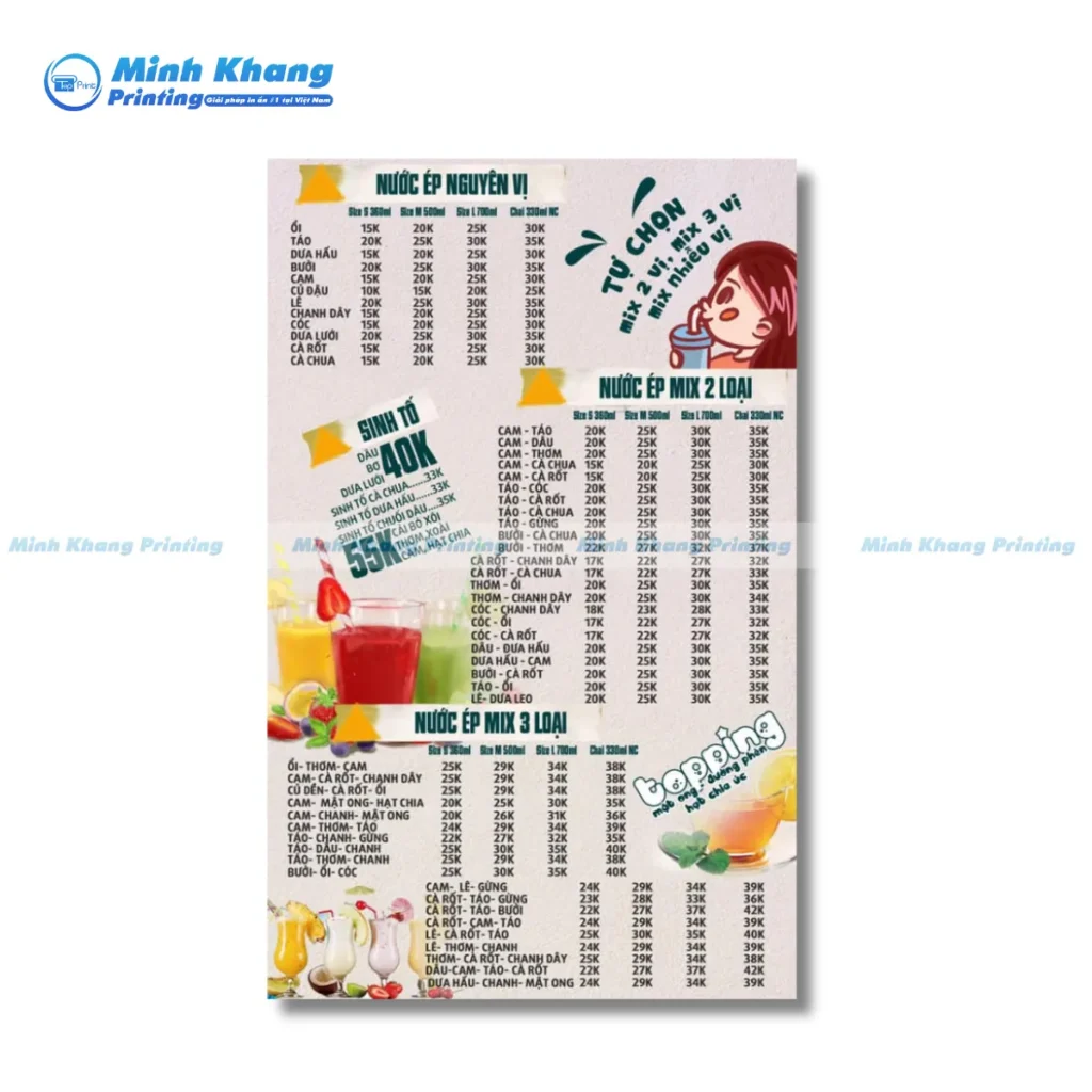 Mẫu menu nước ép hoa quả healthy dạng dọc in formex chắc chắn