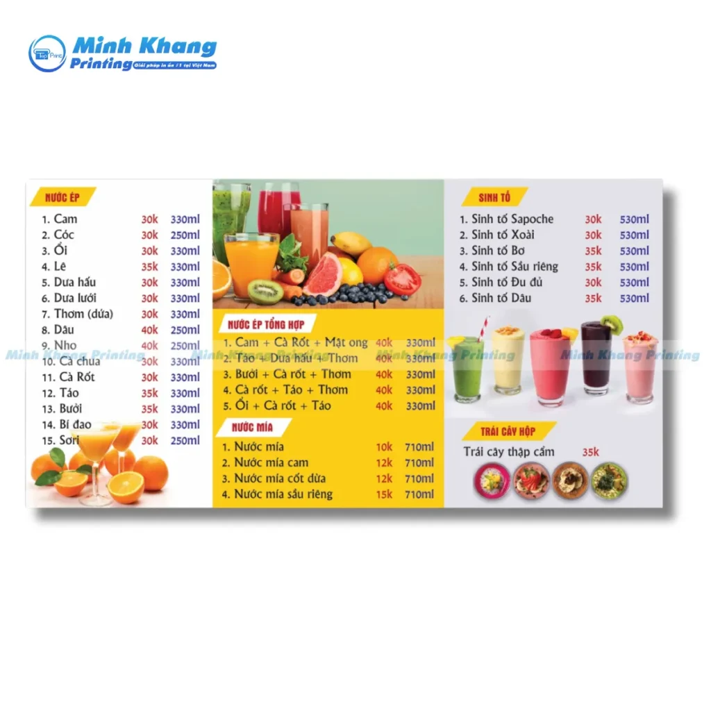 Mẫu mẫu menu nước ép đơn giản mà đẹp có hình minh họa trái cây tươi