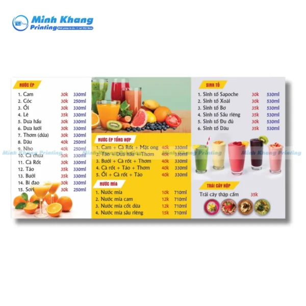 Mẫu mẫu menu nước ép đơn giản mà đẹp có hình minh họa trái cây tươi