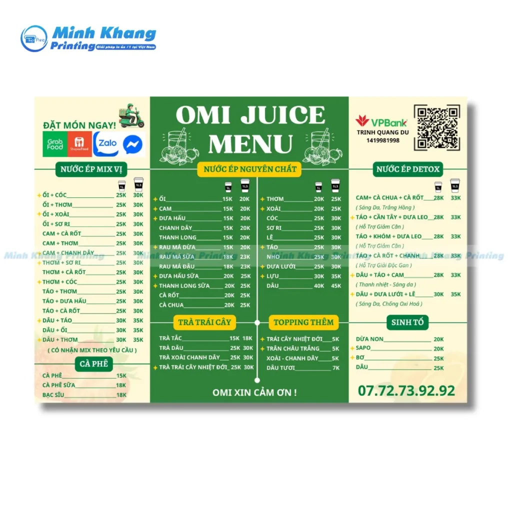 Mẫu menu nước ép đẹp OMI JUICE bố cục chuyên nghiệp
