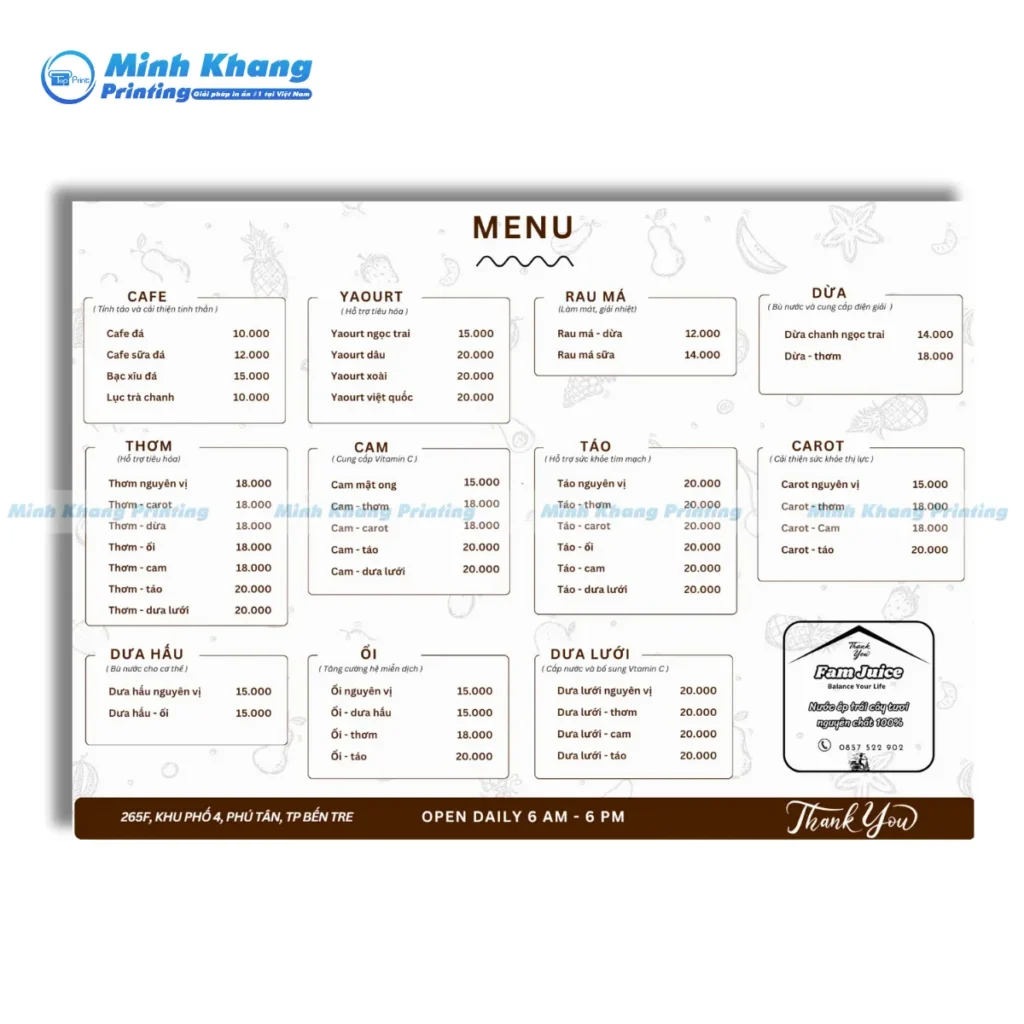 Quy Cách & Chất Liệu In Menu Quán Nước Ép: