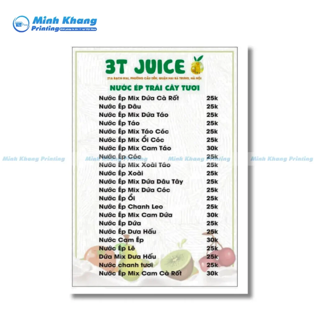 Mẫu menu nước ép hoa quả tươi 3T Juice