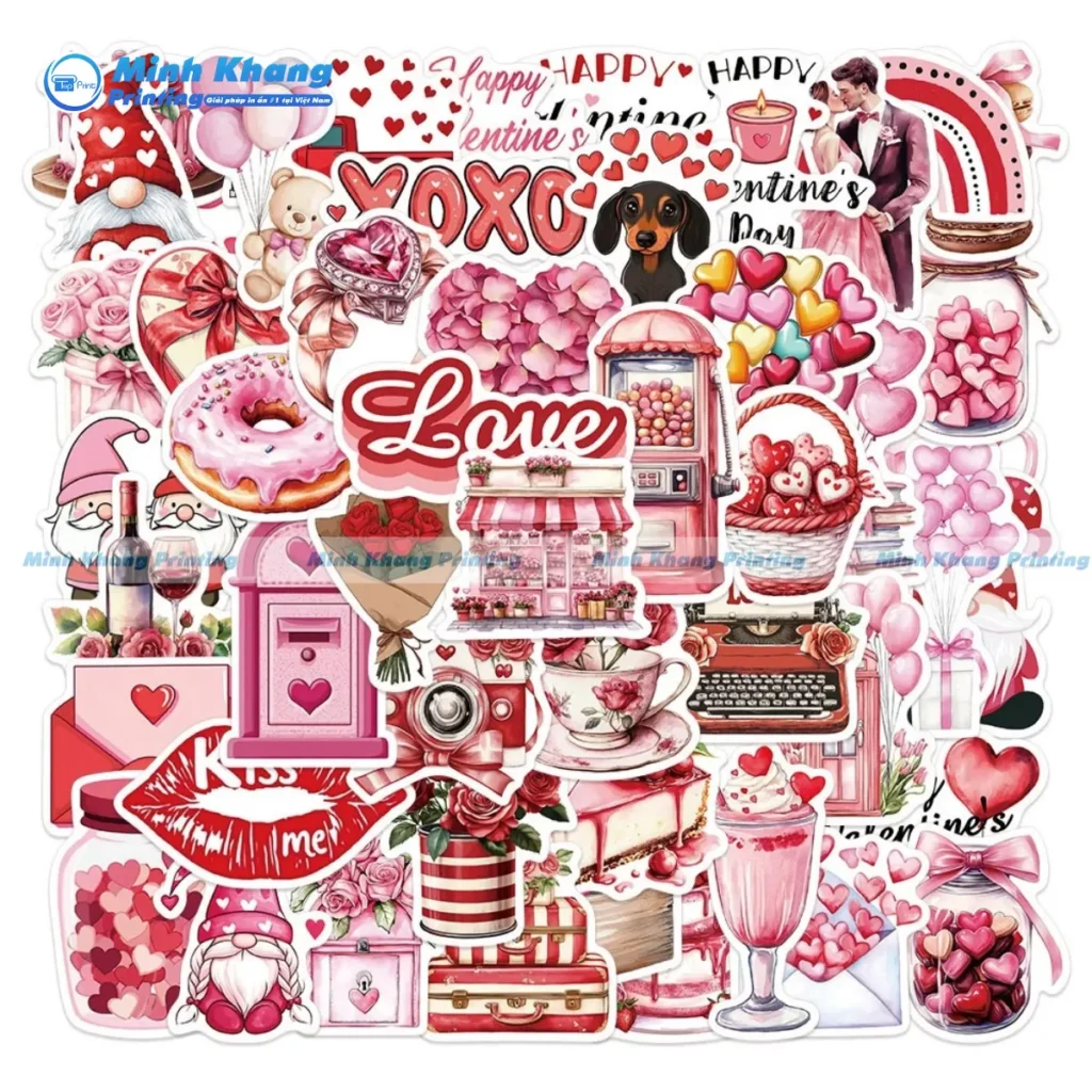 Mẫu sticker tình yêu màu hồng đỏ, dễ thương, phong cách Hàn Quốc